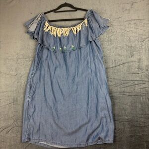 Tommy Bahama Blue Off-Shoulder Chambray Sundress with fringe and embroidery